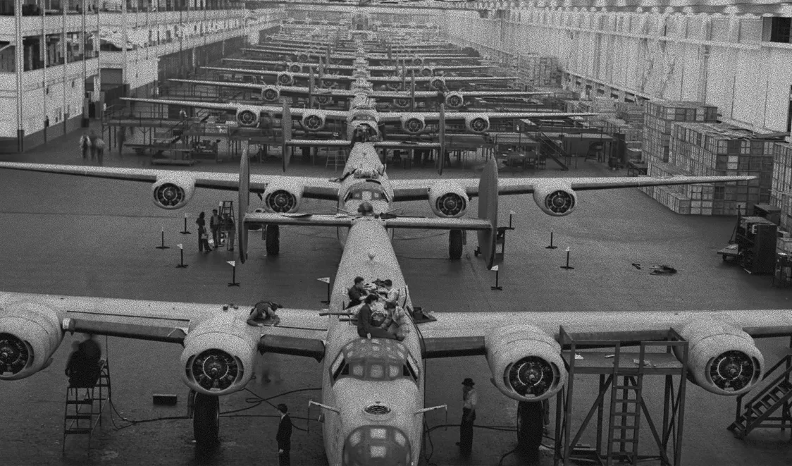 Aircraft on a factory assembly line