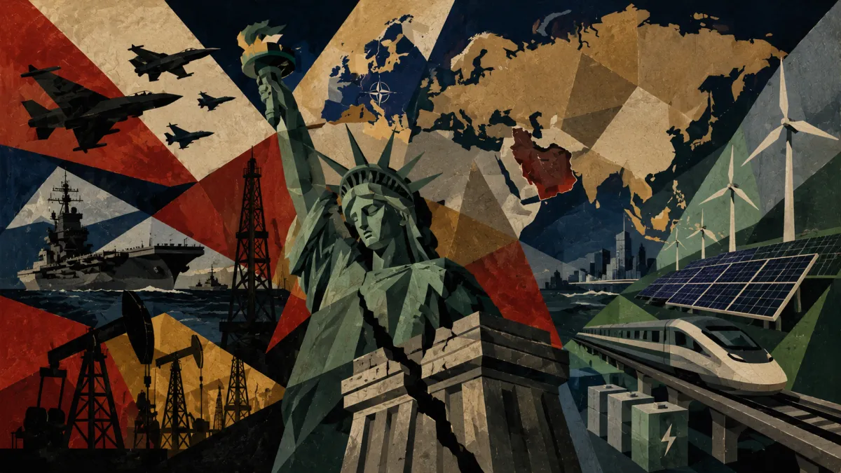 Collage of the Statue of Liberty, aircraft, ships, energy infrastructure, and a world map