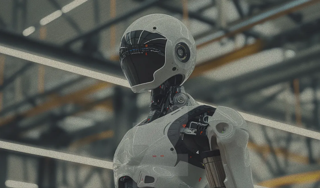 A humanoid robot on an industrial factory floor